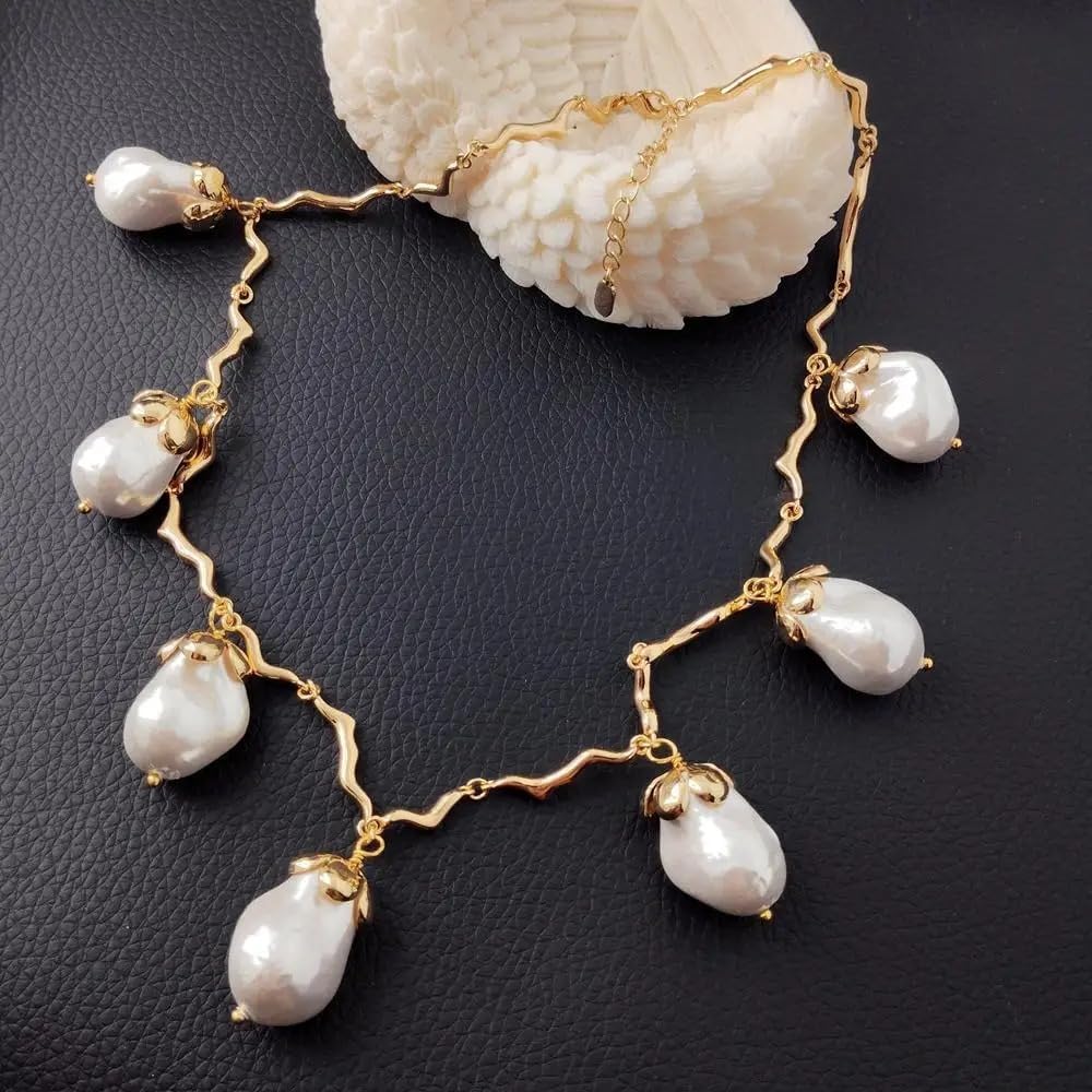 Gold Plated White Sea Shell Pearl Chain Link Necklace