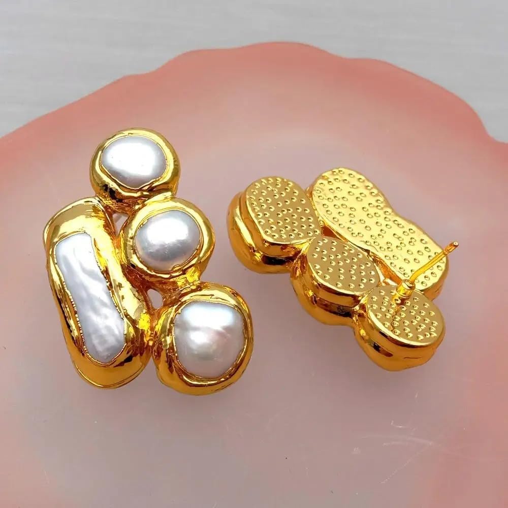 Gold Plated Cultured White Pearl Chunky Stud Earrings for Women