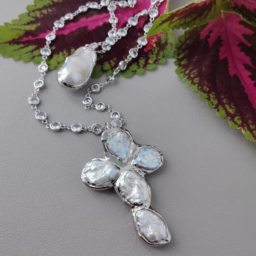 Handmade Baroque Pearl Cross Necklace, White, Silver Rosary Chain, 19x33mm Pearl Crucifix Pendant, 2 Strands, Bohemian Style