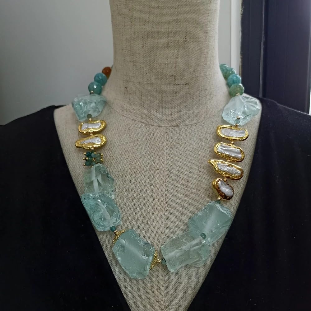 Raw Aquamarine Blue Agate Baroque Pearl Beaded Necklace