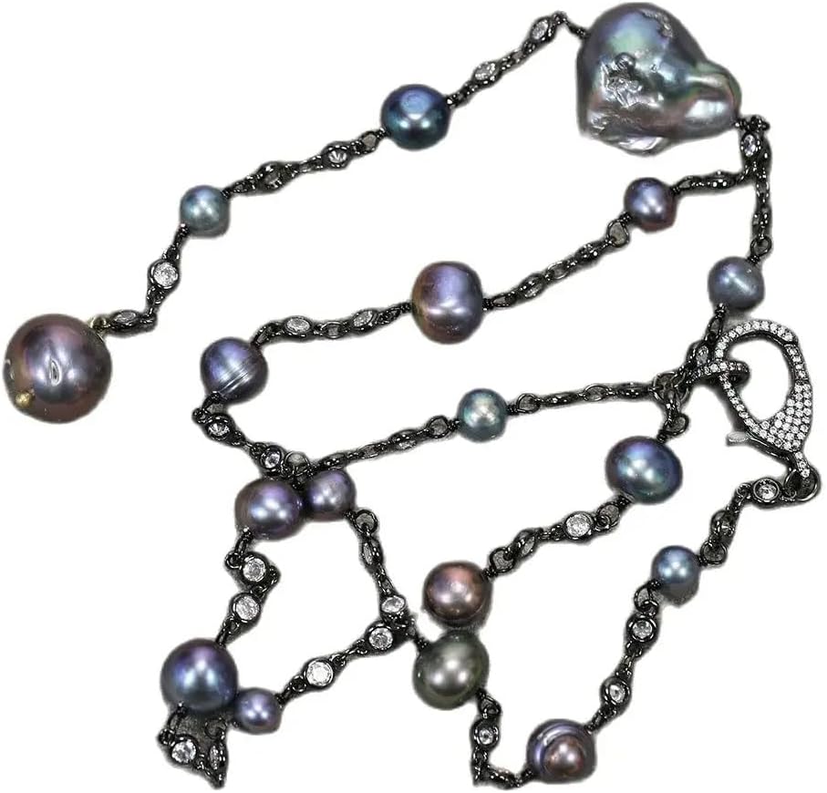 Baroque Black Pearl Necklace with CZ Crystal Chain, Cultured Round Pearls, Gunmetal Gold Plated Pendant