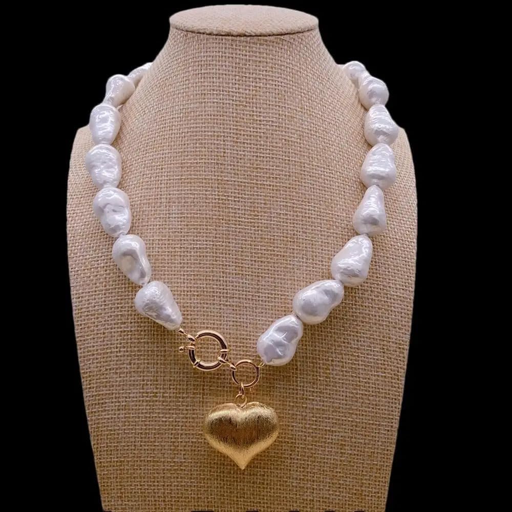 Baroque White Sea Shell Pearl Necklace with Brushed Gold Heart Pendant, 15x22mm Pearls, 30x26mm Pendant