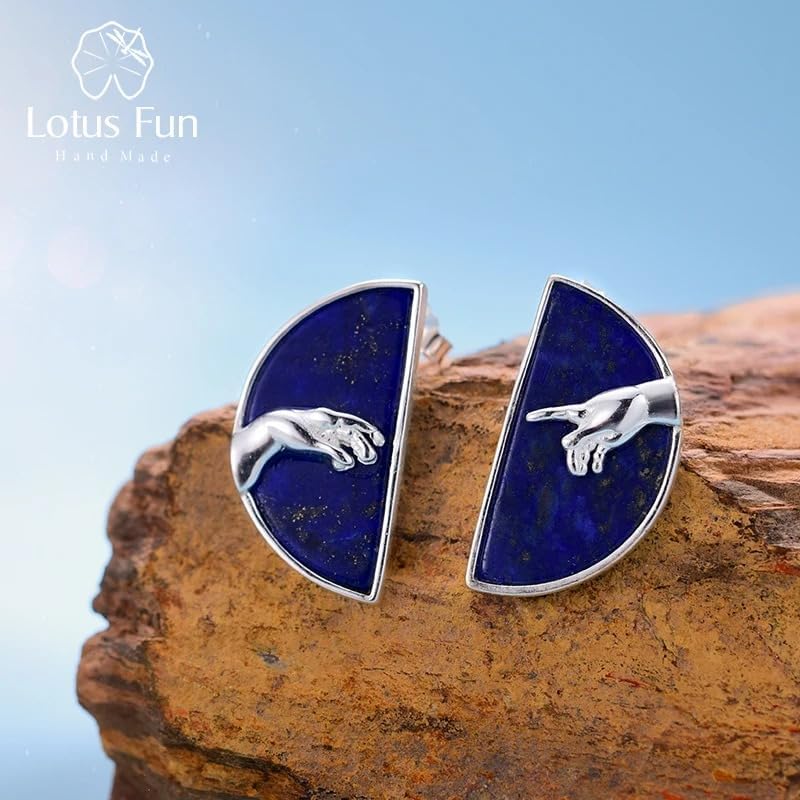 925 Sterling Silver Lapis Lazuli Creation of Adam Hand Stud Earrings, Semi-Circle Design