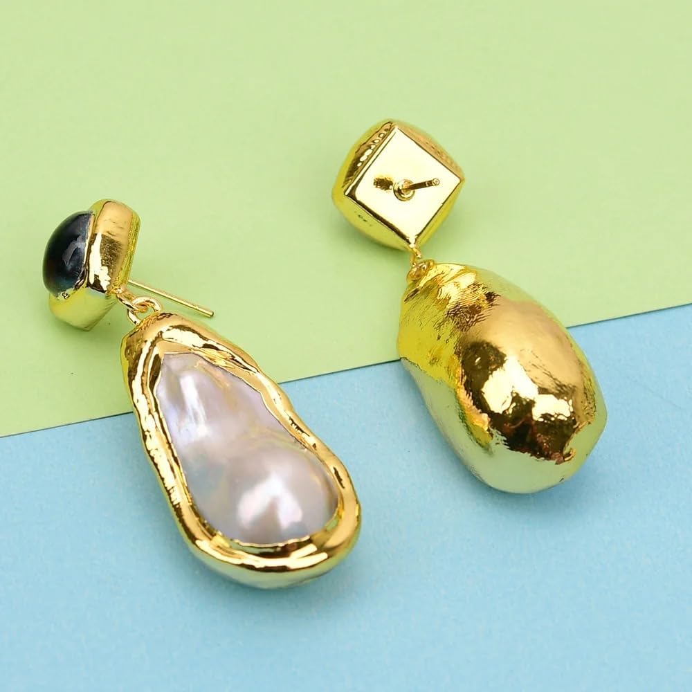 Elegant Baroque Pearl Drop Earrings, Gold-Plated with Black Pearl Studs, Freshwater Cultured White Pearl Dangle Design