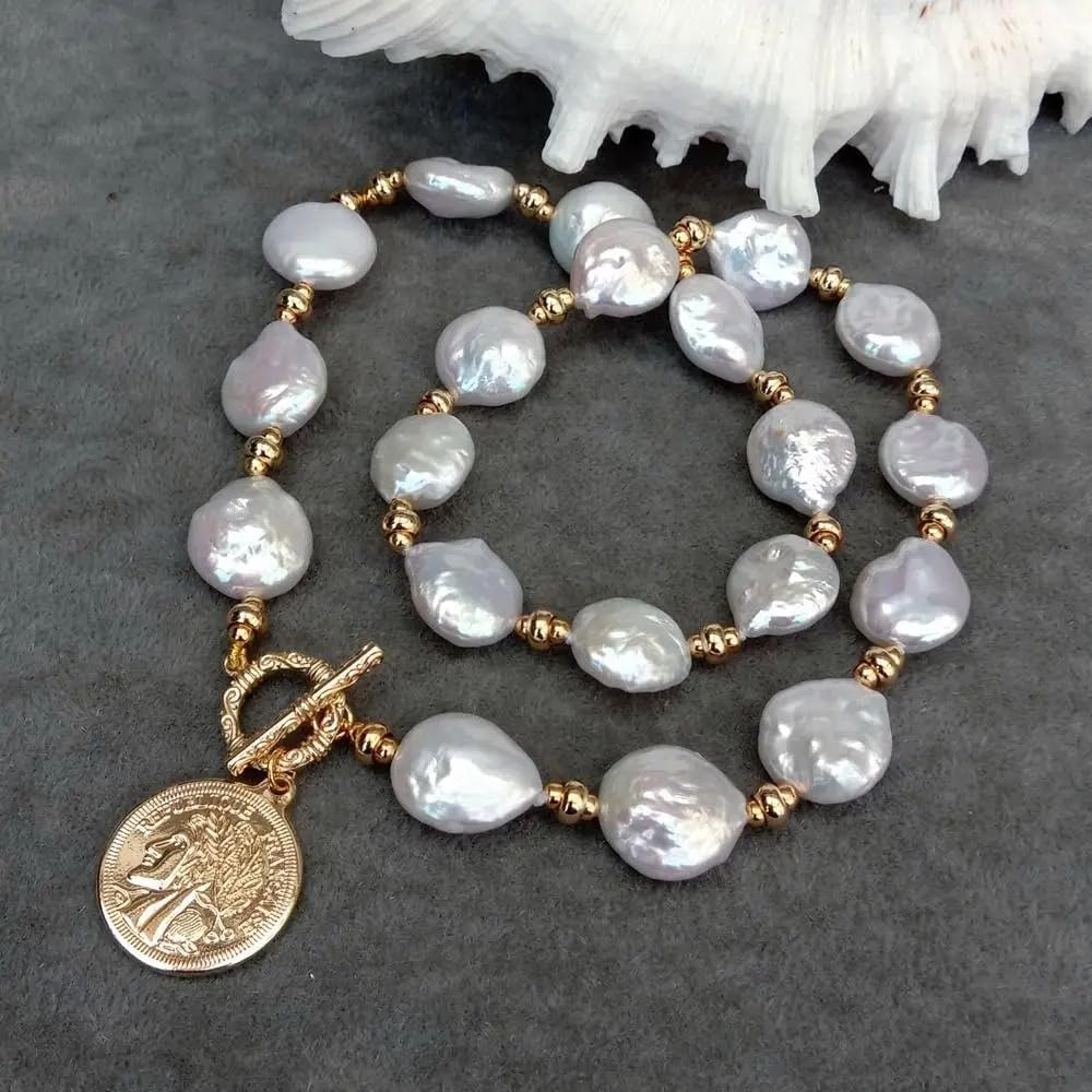 Baroque Pearl Necklace with Gold Coin Pendant, 14x17mm Natural Freshwater White Pearls, Gold Plated