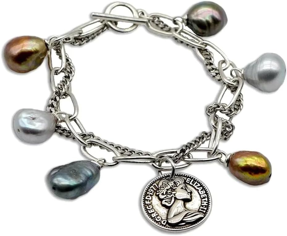 Vintage Style Freshwater Pearl Charm Bracelet, Silver Chain with Baroque Pearls, Multi-Color Natural Pearls, Queen Coin Pendant