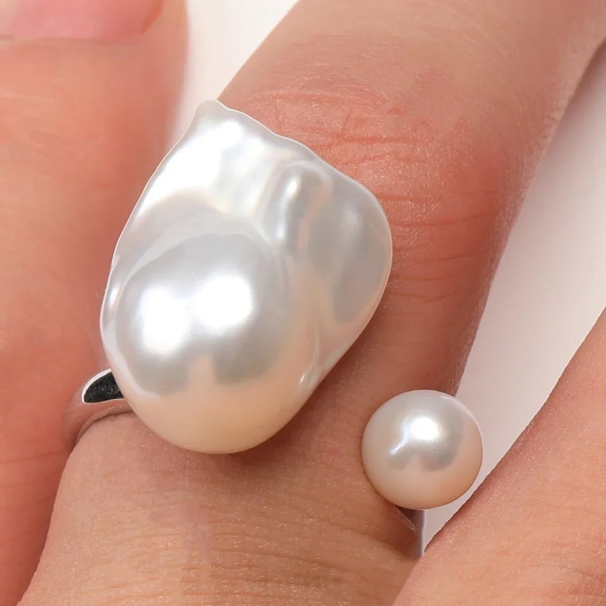 Aurora Bright White Baroque Freshwater Akoya Double Pearl Ring