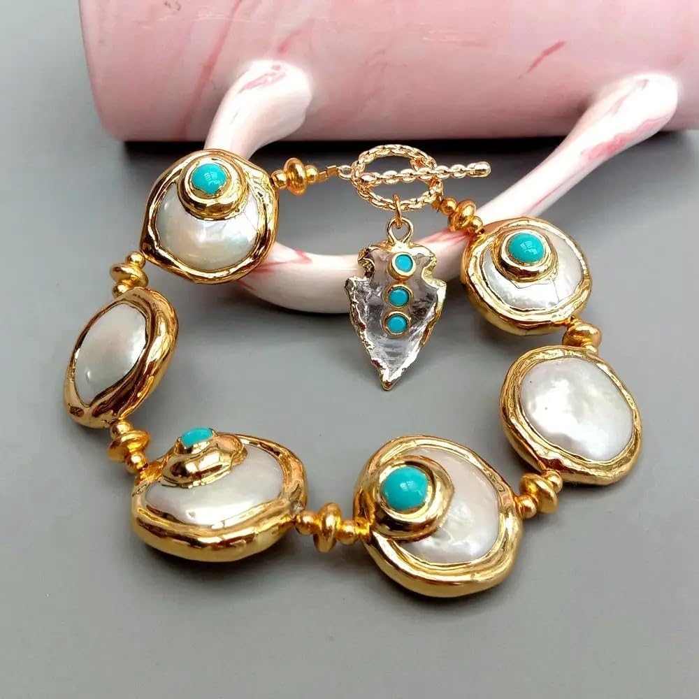 Pearl and Turquoise Crystal Bracelet, Gold-Tone Links with White Quartz Arrowhead Charm