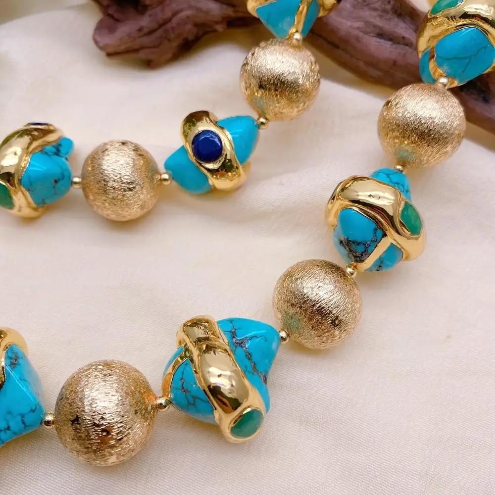 18mm Brushed Beads Blue Turquoise Multi Color Jade Gold Plated Choker