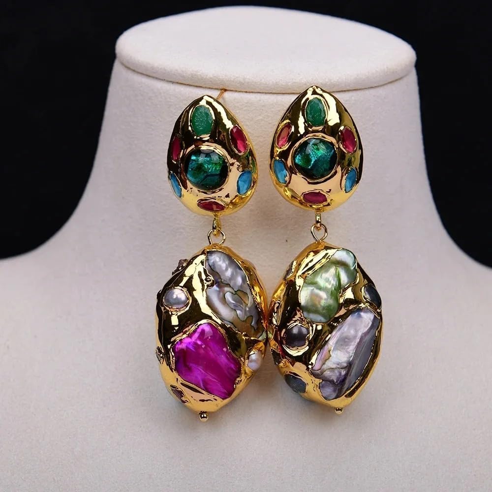 Baroque Pearl Drop Earrings, Gold Plated Multi-Gemstone Statement Jewelry, Handmade Tourmaline Shell Pearl, 25x35mm(tooth shell bead) Length: 2.6"//6.6cm, Semi-precious Stone, No Gemstone