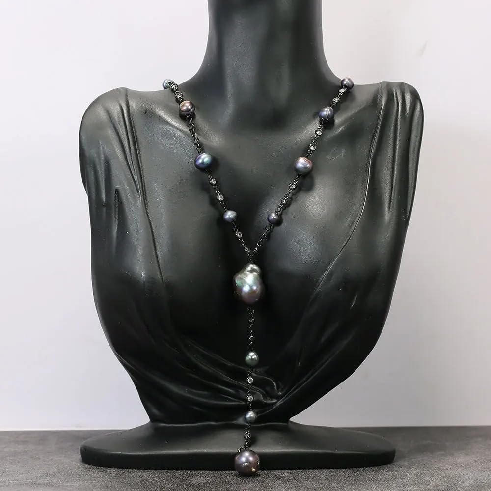 Baroque Black Pearl Necklace with CZ Crystal Chain, Cultured Round Pearls, Gunmetal Gold Plated Pendant