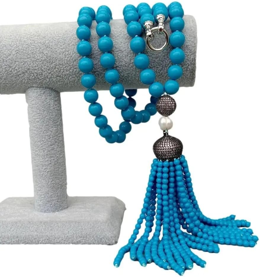 10mm Blue Turquoise Long Necklace with Cubic Zirconia Pave Pearl Tassel