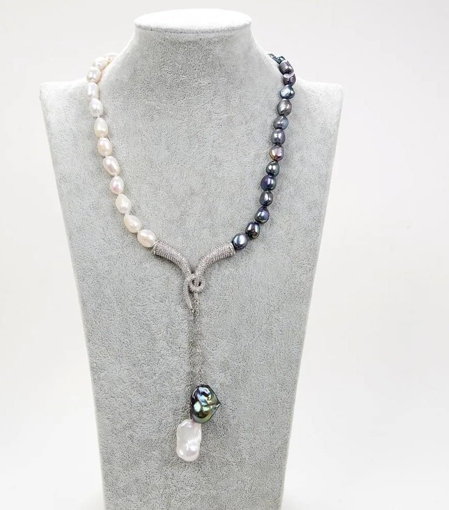 Freshwater Pearl Adjustable Bracelet, Black and White Dual-Tone, Silver Chain Tassels
