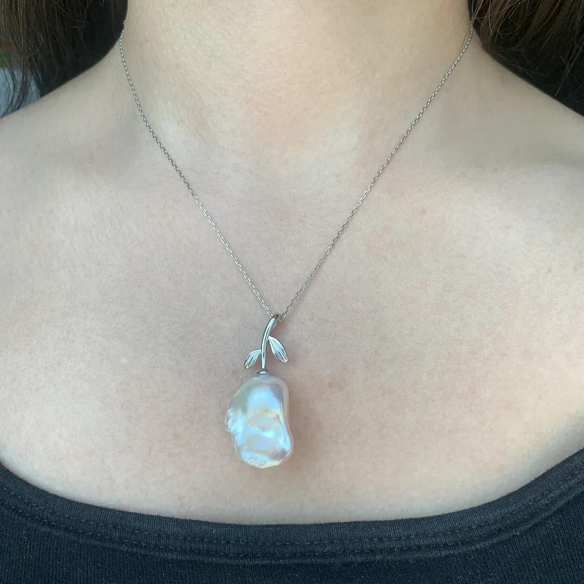 Pure Natural Baroque Pear S925 Sterling Silver Leaf Flower Pendant