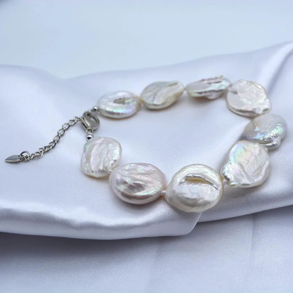 Natural Freshwater Baroque Pearl Bracelet, White Rectangular Pearls, Adjustable Chain