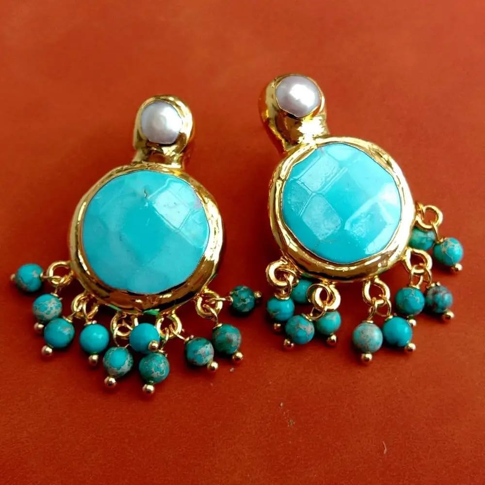Elegant Gold Plated Turquoise Pearl Dangle Stud Earrings, 22mm, Blue Stone with Pearl Accent, Chandelier Style