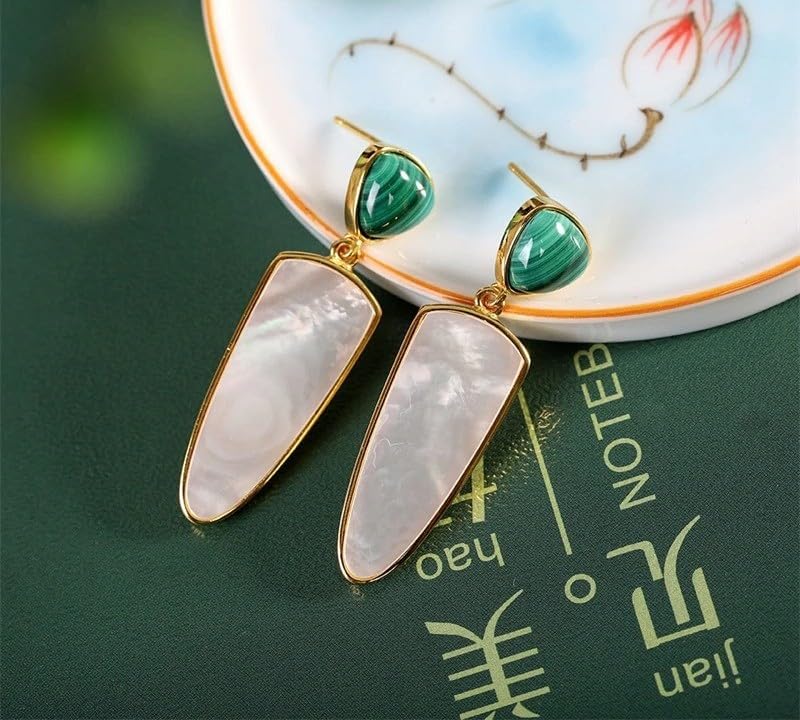 Natural Malachite White Mother of Pearl 925 Sterling Silver Dangle Earrings