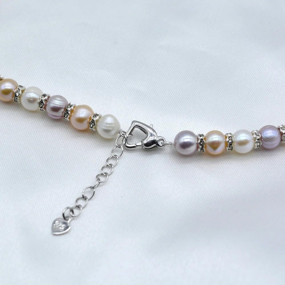 Freshwater Pearl Necklace with Cubic Zirconia, Natural Rainbow Multicolor Round Pearls, Classic Style