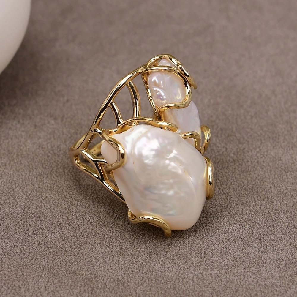 Natural Keshi Biwa Pearl Ring, Gold Plated Adjustable Band, White