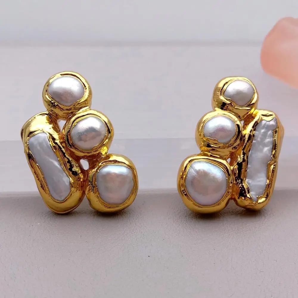 Gold Plated Cultured White Pearl Chunky Stud Earrings for Women