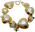 Baroque Pearl Heart Bracelet, 9 Inch Gold Plated Toggle Clasp, White Keshi Pearl with Black Accent Beads