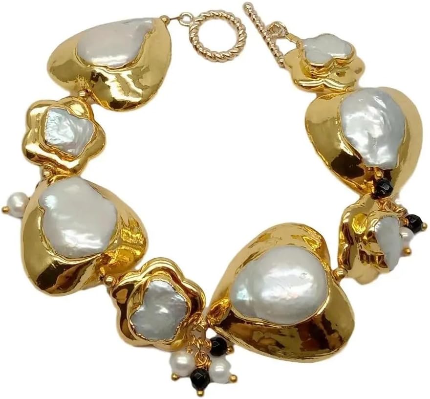 Baroque Pearl Heart Bracelet, 9 Inch Gold Plated Toggle Clasp, White Keshi Pearl with Black Accent Beads