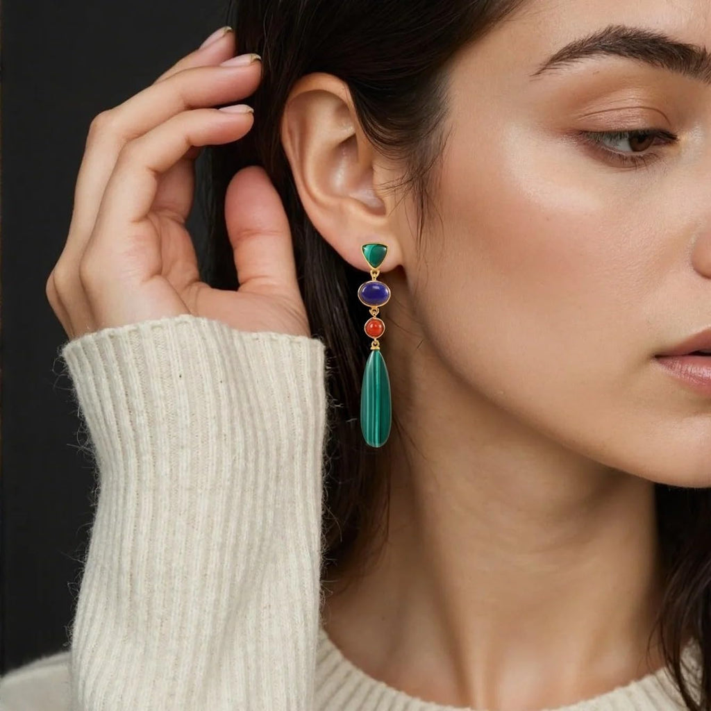 925 Silver Malachite Lapis Lazuli Agate Long Dangle Drop Earrings | Geometric Design, Colored Stone, Women's Fashion, Sterling Silver, Drop Style