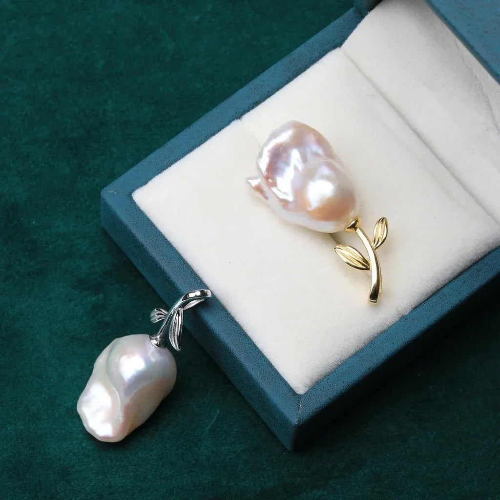 Pure Natural Baroque Pear S925 Sterling Silver Leaf Flower Pendant