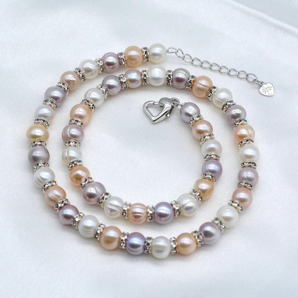 Freshwater Pearl Necklace with Cubic Zirconia, Natural Rainbow Multicolor Round Pearls, Classic Style
