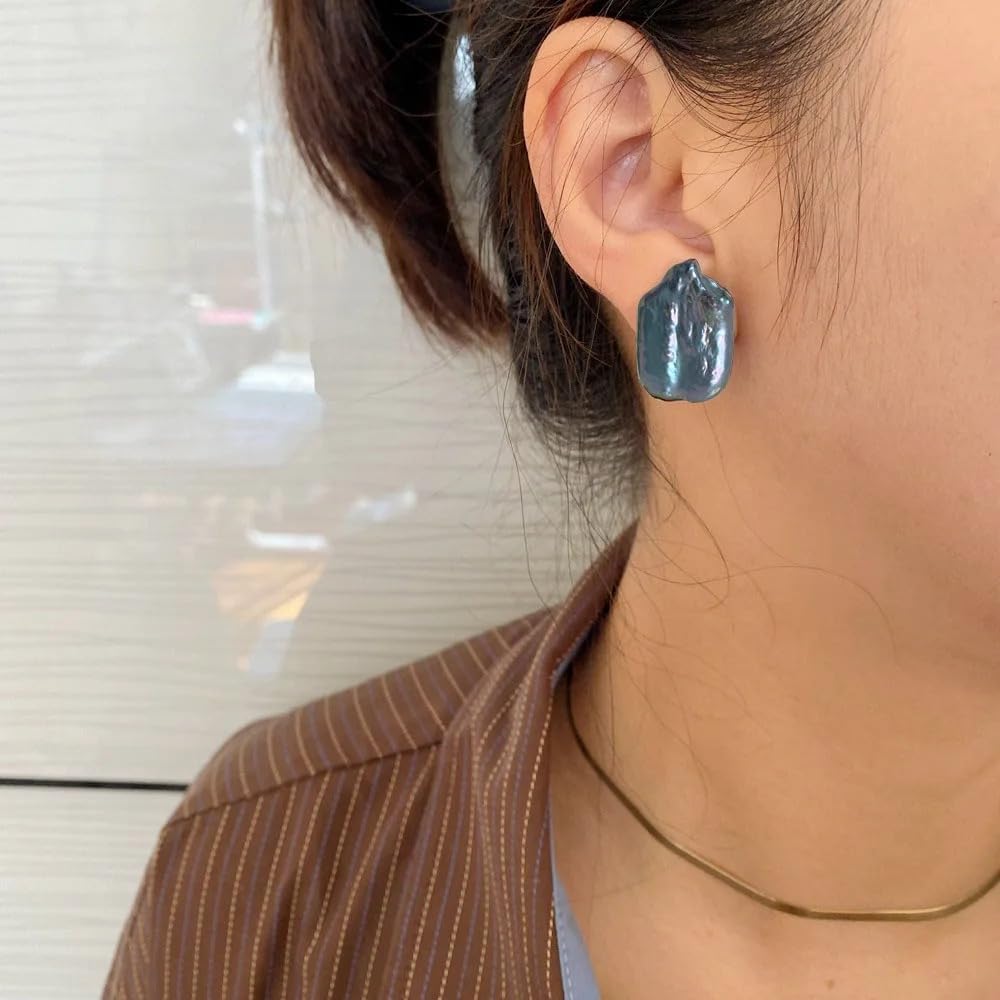 Natural Freshwater Pearl Stud Earrings, Baroque Irregular Rectangle Shape, Peacock Blue Black, 15x22mm