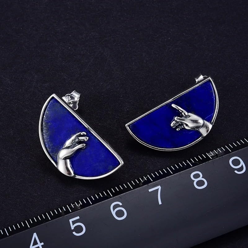925 Sterling Silver Lapis Lazuli Creation of Adam Hand Stud Earrings, Semi-Circle Design