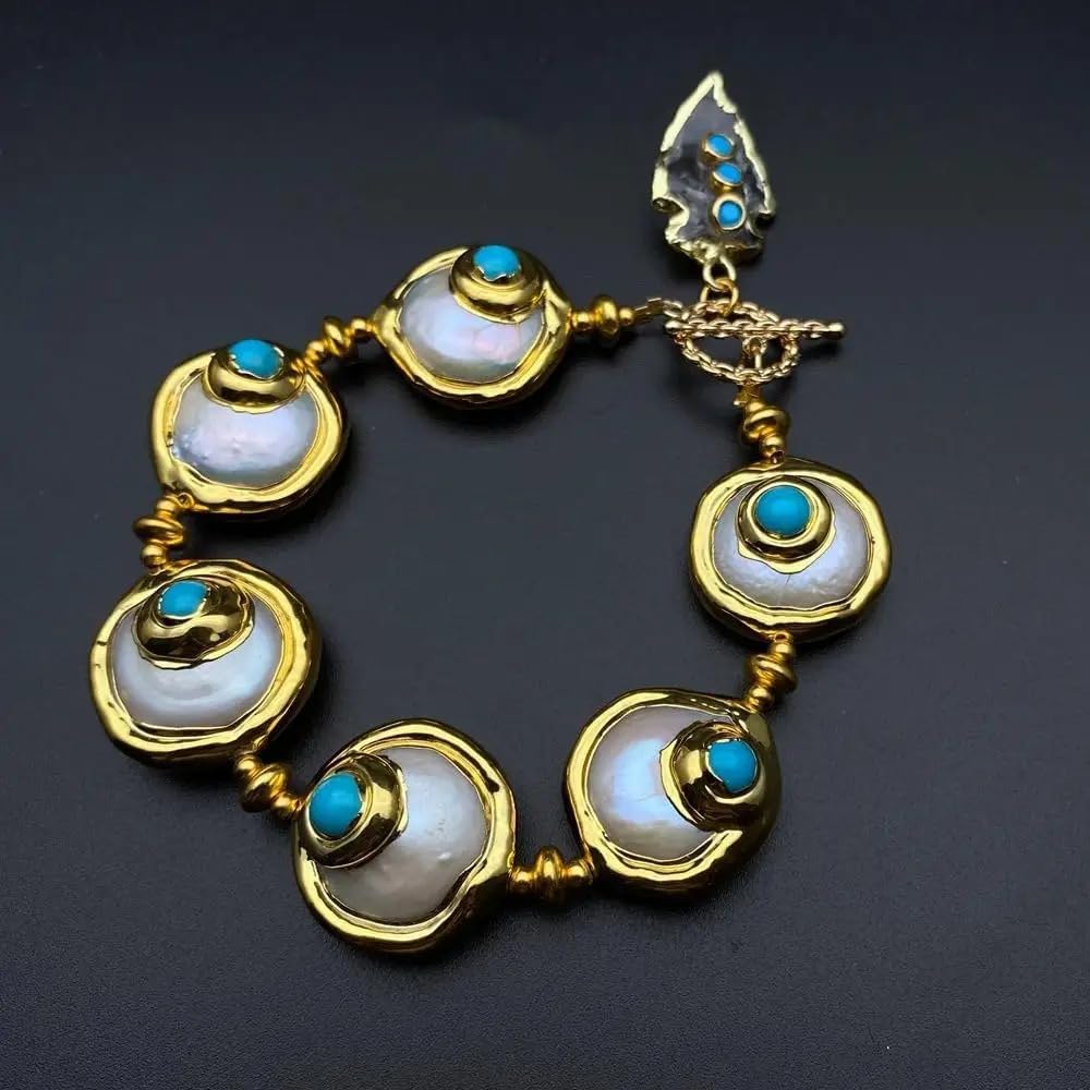 Pearl and Turquoise Crystal Bracelet, Gold-Tone Links with White Quartz Arrowhead Charm