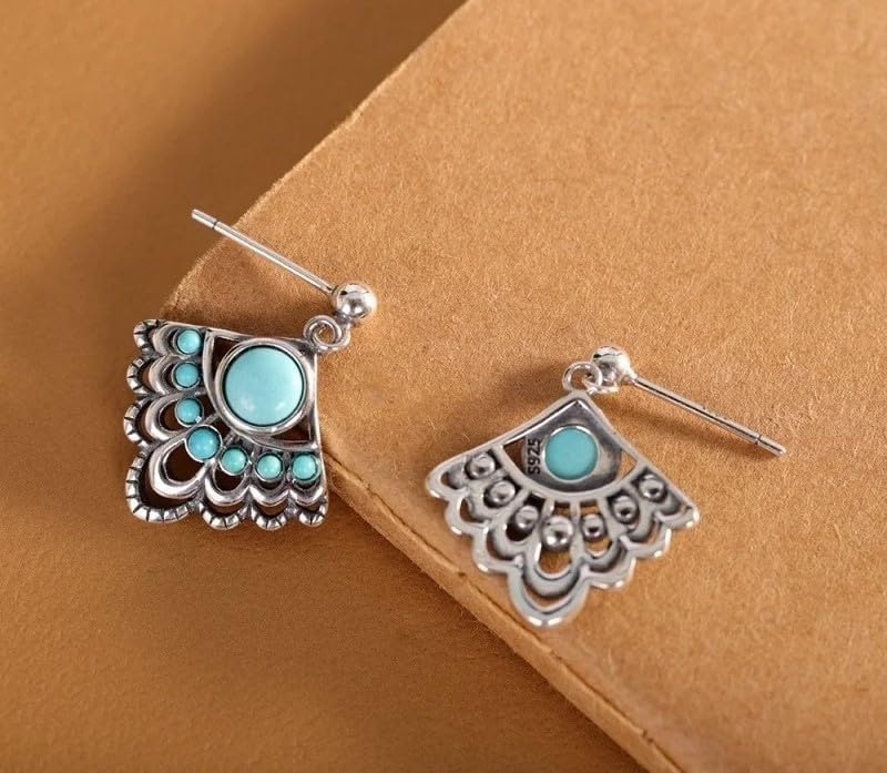 Vintage Style Turquoise Drop Earrings, 925 Sterling Silver, Peacock Tail Fan Design, Bohemian Dangle Statement Jewelry for Women