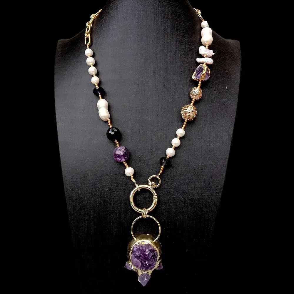 Handcrafted Natural Amethyst Druzy Pendant Necklace, Gold Plated Chain with White Cultured Pearls, Purple Crystal Statement Jewelry