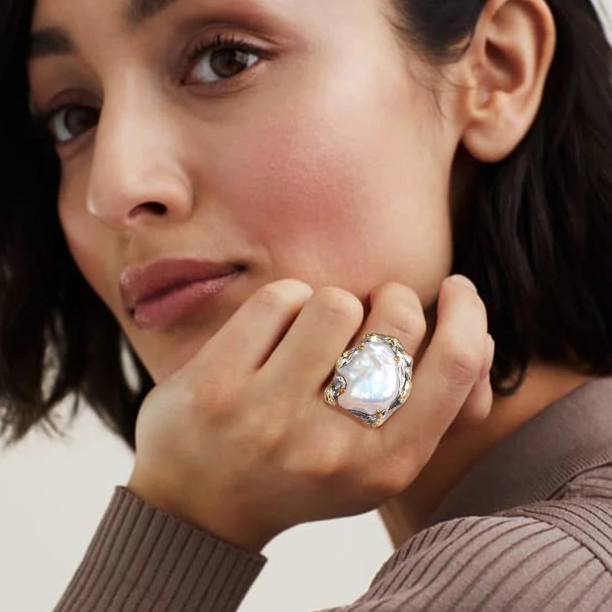 S925 Sterling Silver Baroque Pearl Ring, Natural Freshwater Pearl, Two-Tone Silver Gold, Irregular Pattern