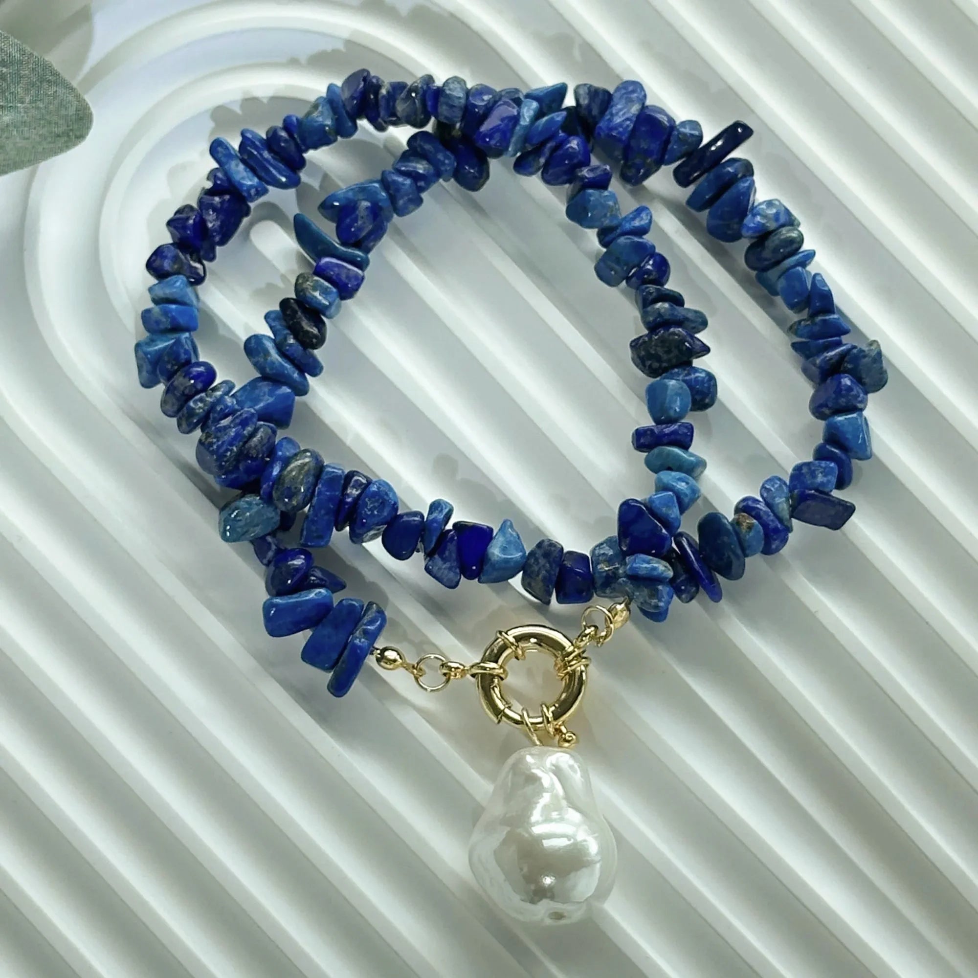 Natural Lapis Lazuli Large Glass Baroque Pearl Pendant Necklace