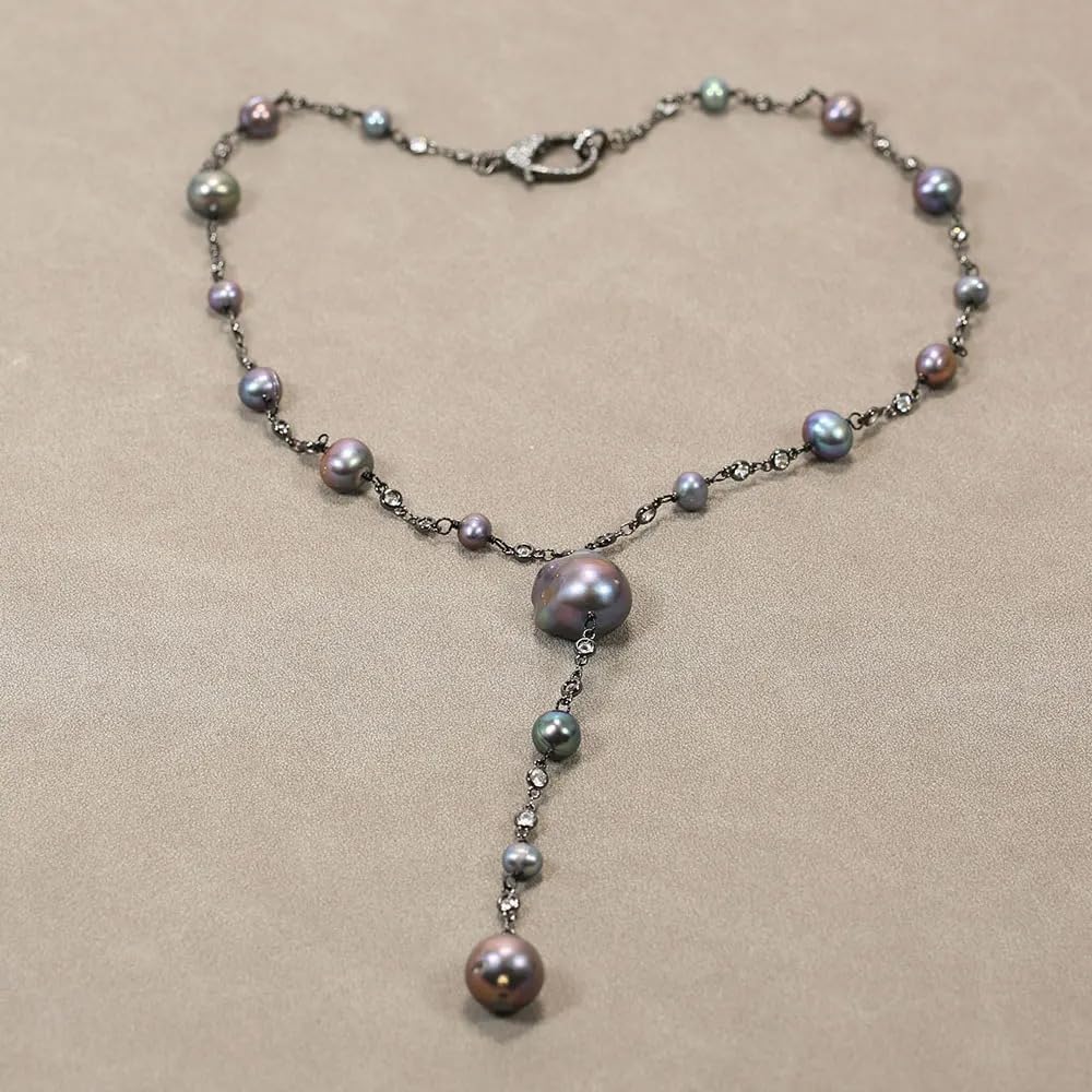 Baroque Black Pearl Necklace with CZ Crystal Chain, Cultured Round Pearls, Gunmetal Gold Plated Pendant