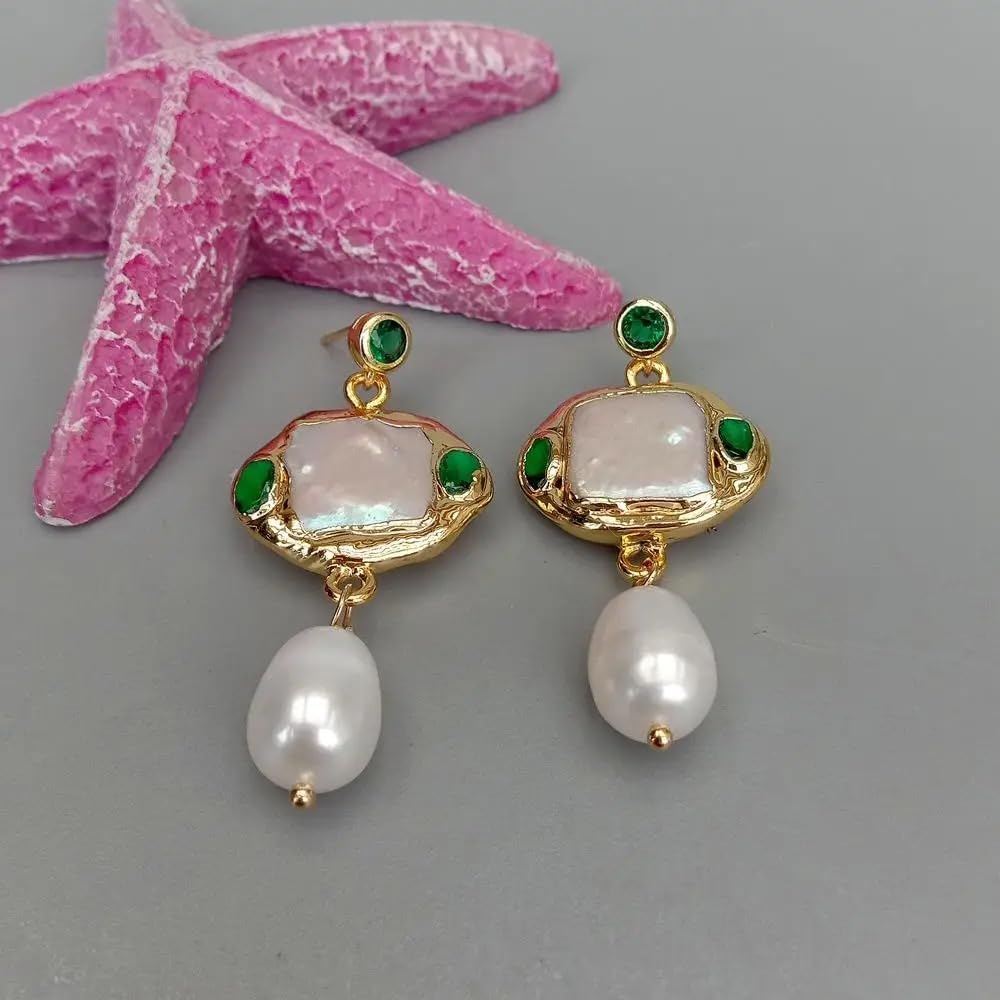 Freshwater Cultured White Square Pearl Rice Pearl Green Crystal Dangle Stud Earrings
