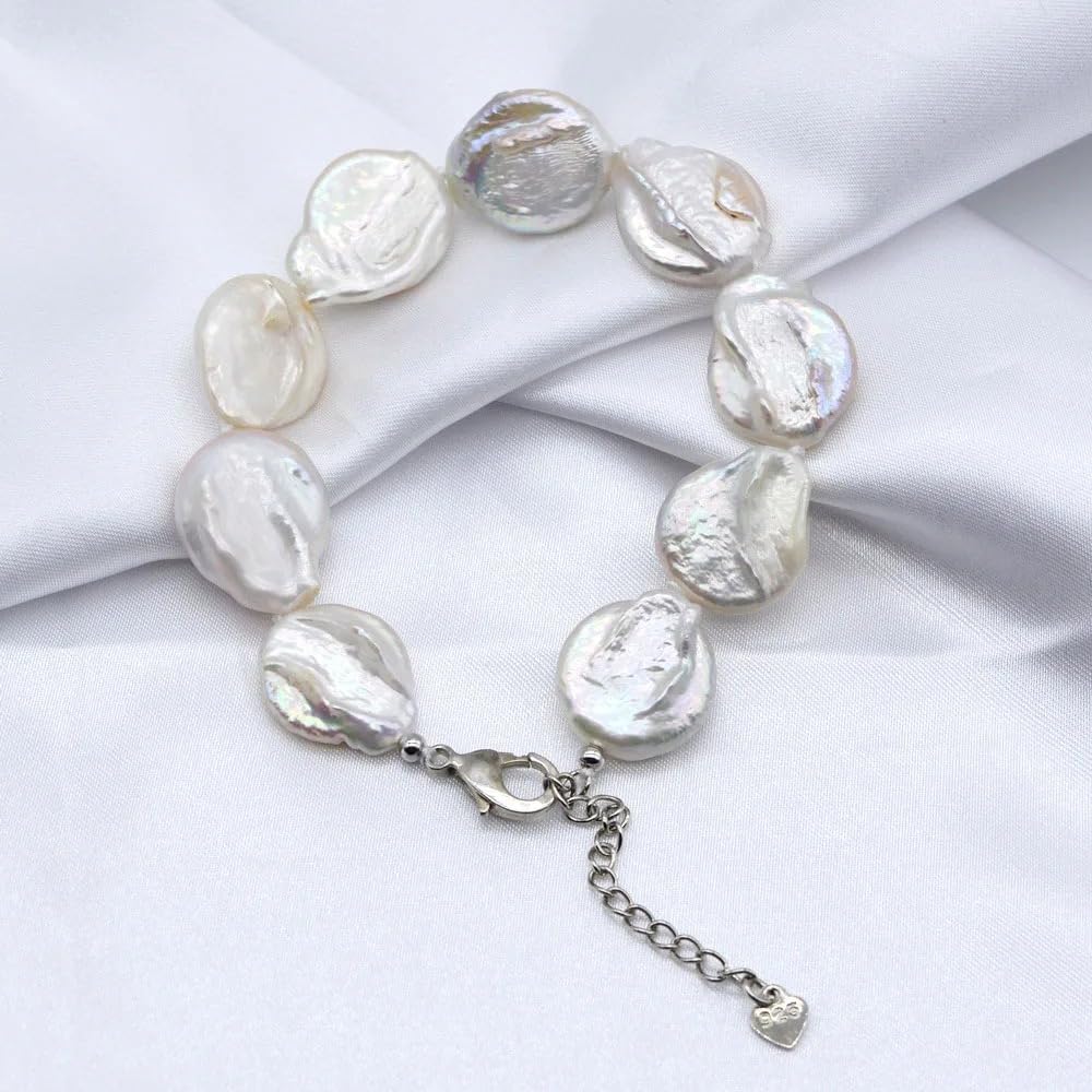 Natural Freshwater Baroque Pearl Bracelet, White Rectangular Pearls, Adjustable Chain