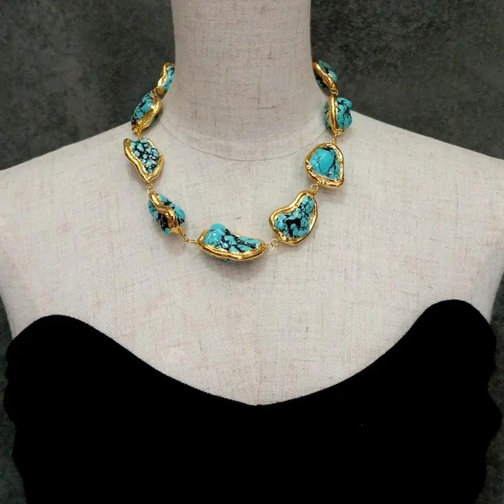 Handcrafted Turquoise Nugget Necklace, Blue Freeform Stone, Gold Electroplated Edge, 25x28mm, Ethnic Style Choker for Women
