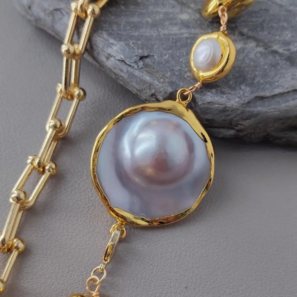 Elegant Pearl Necklace, Gold-Toned Chain with 32mm Gray Mabe Pendant, 20mm White Cultured Pearl Flower Collar