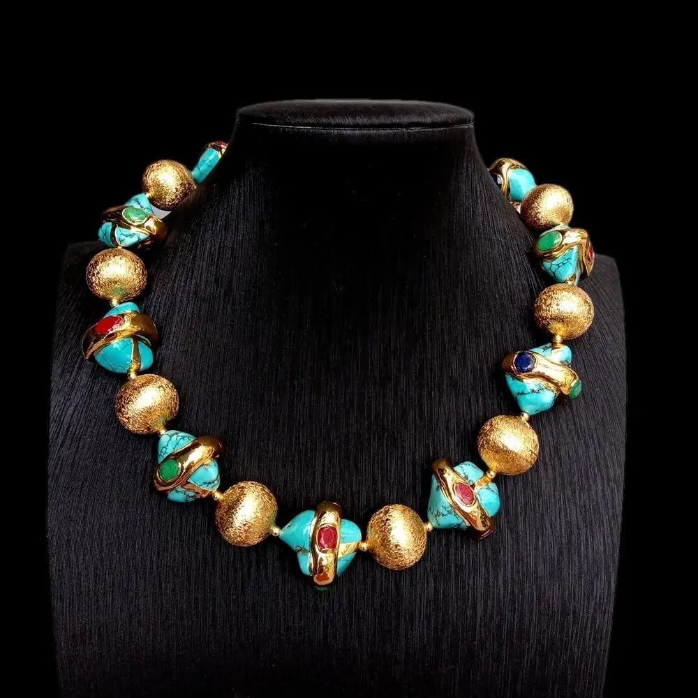 18mm Brushed Beads Blue Turquoise Multi Color Jade Gold Plated Choker