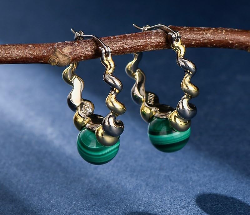 Natural Malachite 925 Sterling Silver Dangle Earrings Women Dichroic Plating Spiral Twisted Chic Earring