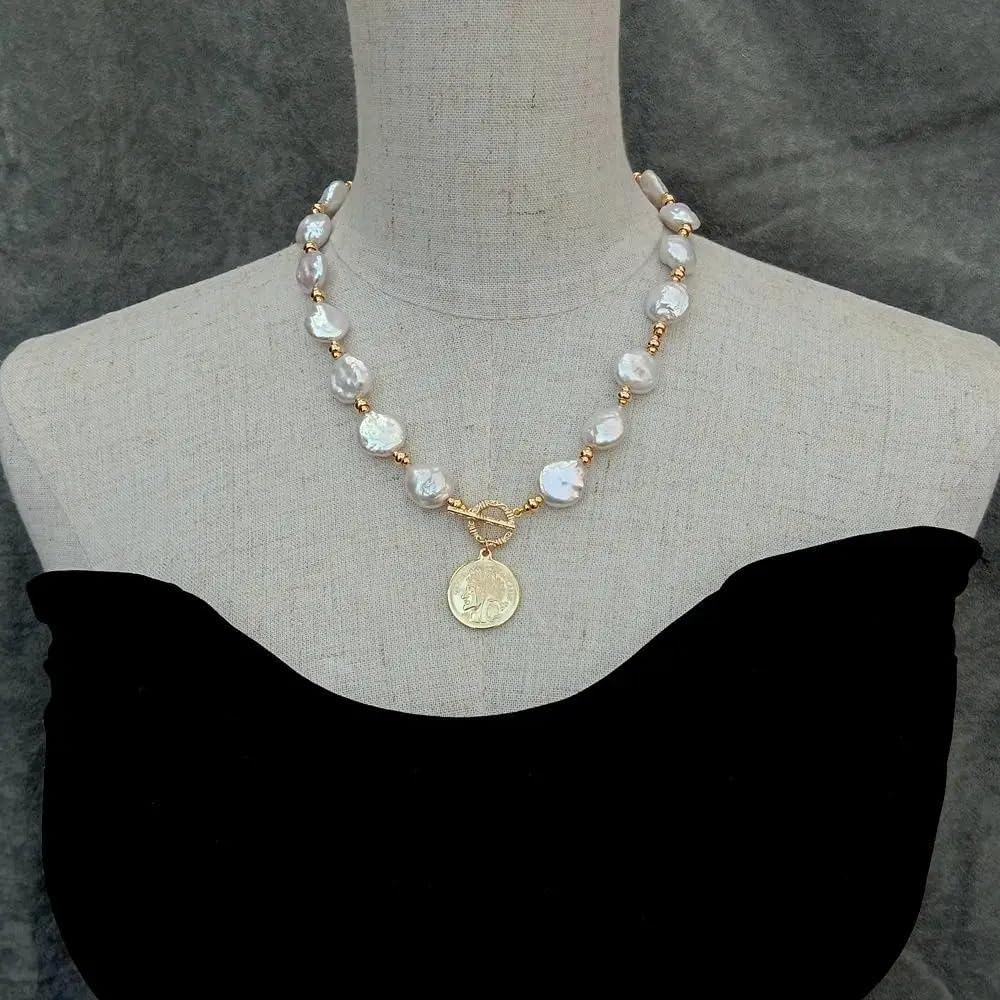 Baroque Pearl Necklace with Gold Coin Pendant, 14x17mm Natural Freshwater White Pearls, Gold Plated