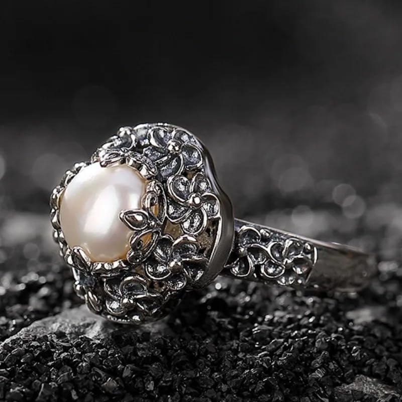 Generic 925 Sterling Silver Round Freshwater Pearl Vintage Hollowed Out Flowers Ring