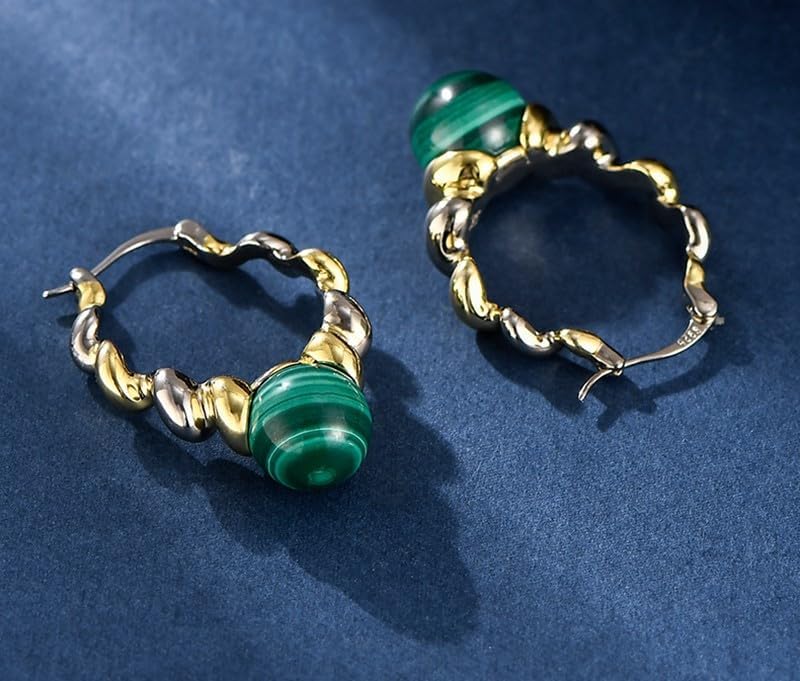 Natural Malachite 925 Sterling Silver Dangle Earrings Women Dichroic Plating Spiral Twisted Chic Earring