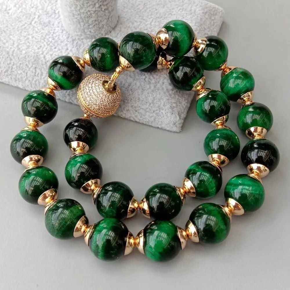 Green Tiger's Eye Beaded Choker Necklace, 14mm Round Beads, 18.5 Inches, Gold-Tone Magnetic CZ Clasp
