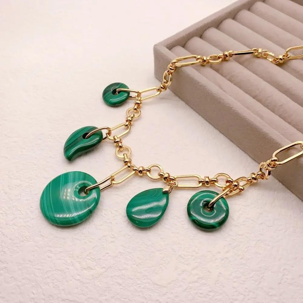 Natural Green Malachite Charm Pendant Gold Plated Chain Necklace | 30mm x 20mm x 18mm, Choker Style, for Women, Stone Pendant, Gold Plated Chain