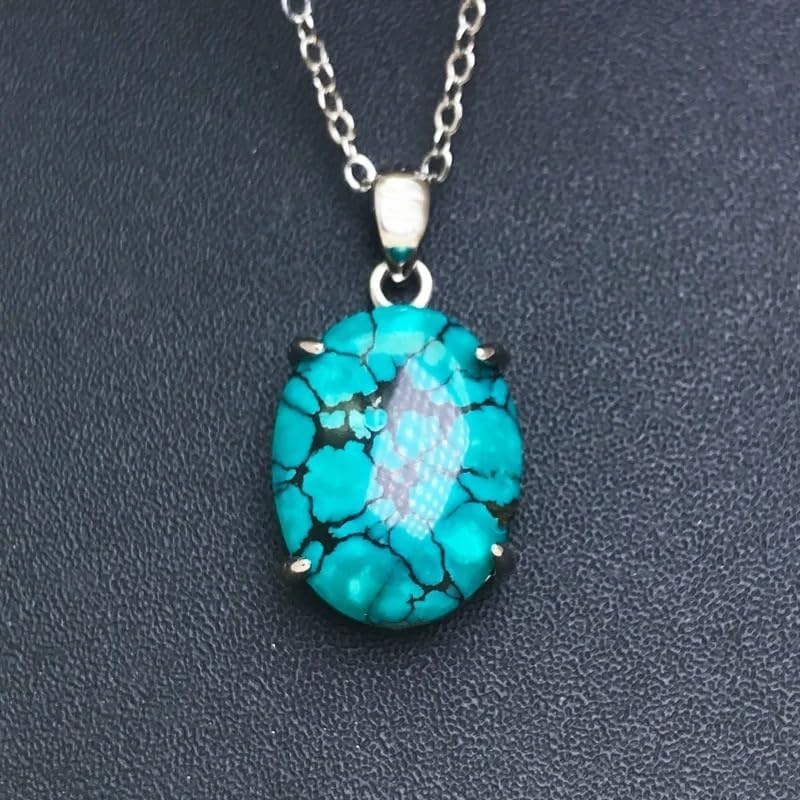 Natural Turquoise Sterling 925 Silver Reticulate Pattern Oval Necklace