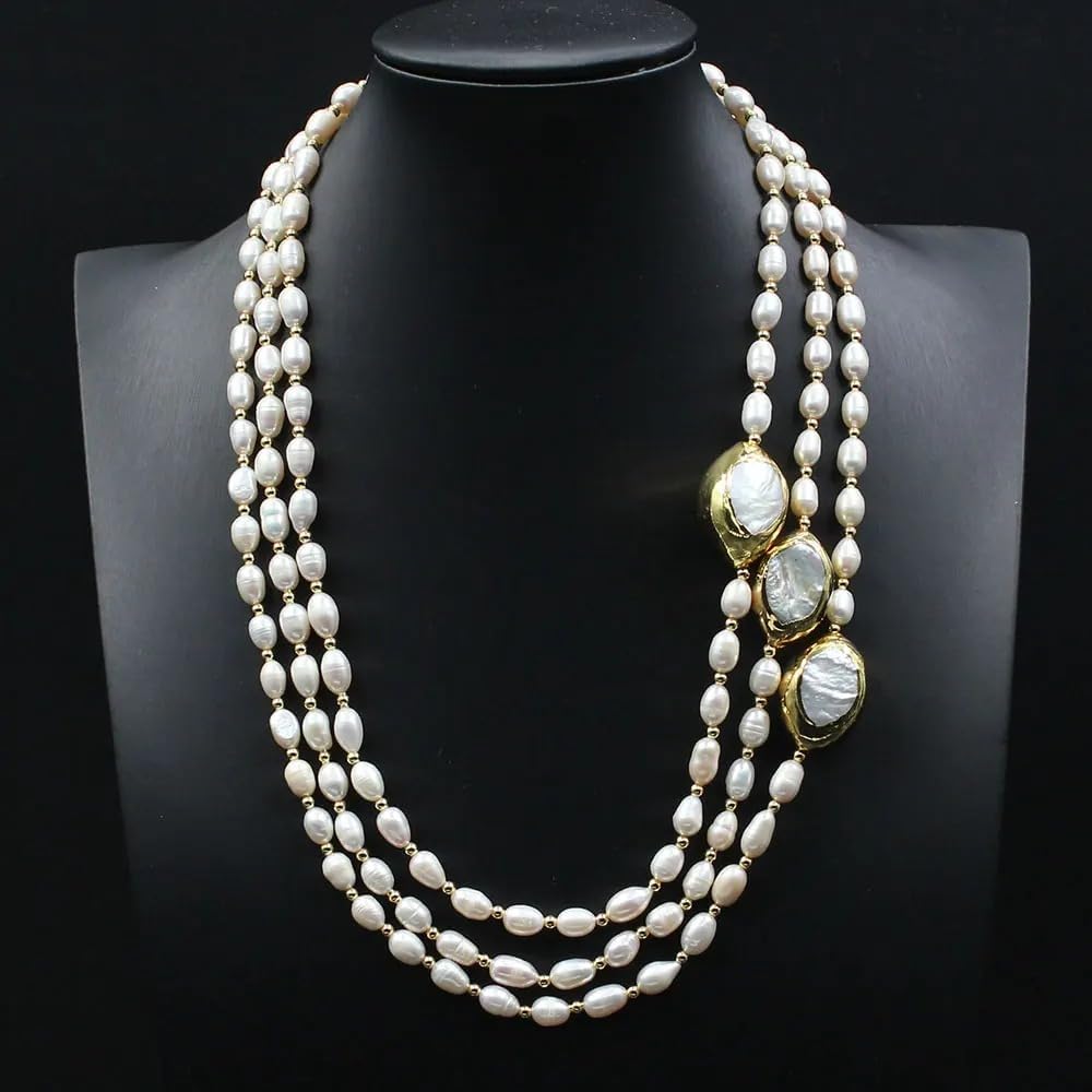 3-Row Cultured Rice Pearl Necklace with Keshi Pearl and Gold Plated Connector, White Choker